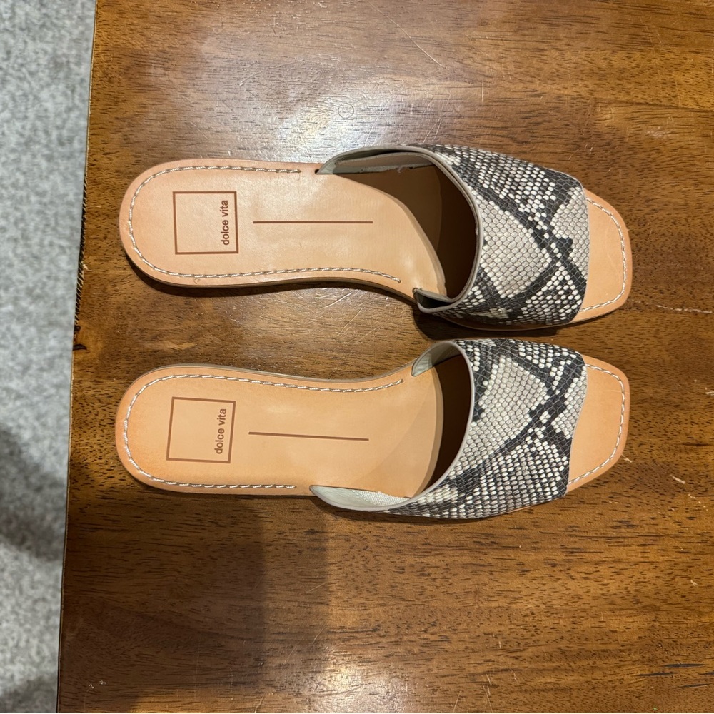 Dolce Vita Black and Cream Snake Print Sandals